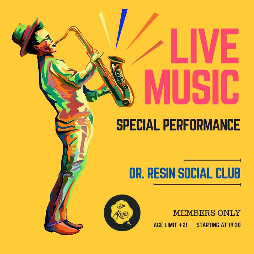 Affiche d'un concert live de saxophone au Dr Resin Social Club